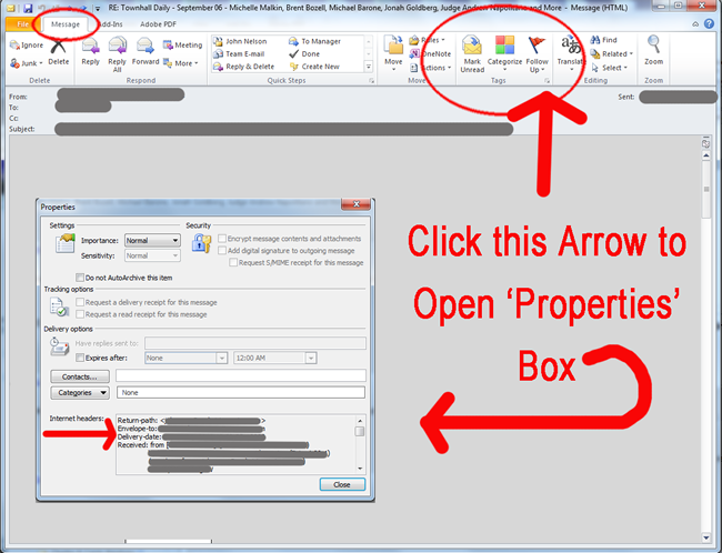 How to find the full email headers in Outlook 2010
